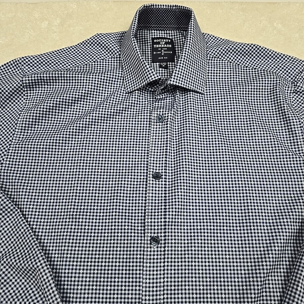 Society Of Threads Mens Long Sleeve Blue No Iron 4- Way Stretch Shirt Slim Fit
